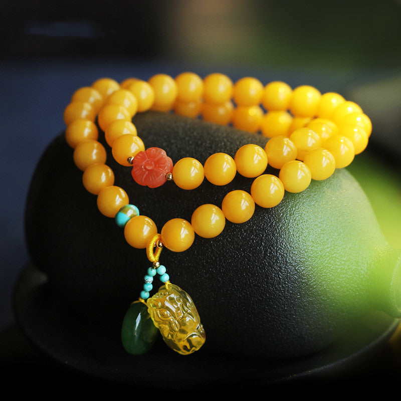 Double Wrap Natural Honey-Yellow Amber Prayer Beads Bracelet with Nanhong Agate - Handknotted Buddhist Mala Style Unisex Spiritual Jewelry