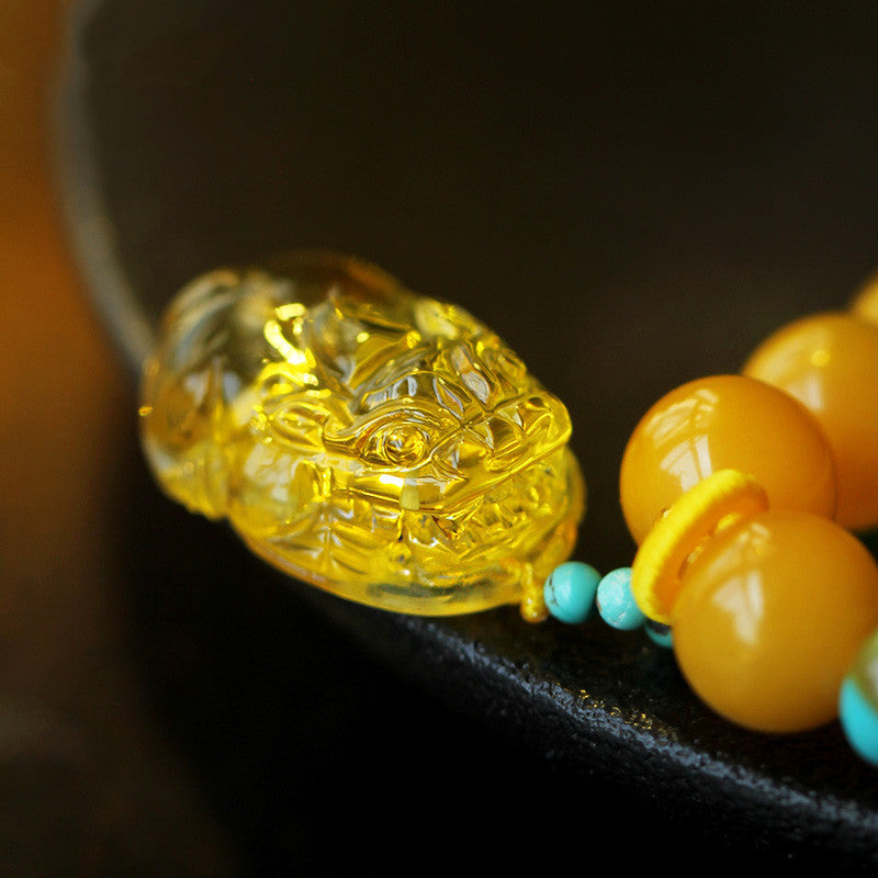 Double Wrap Natural Honey-Yellow Amber Prayer Beads Bracelet with Nanhong Agate - Handknotted Buddhist Mala Style Unisex Spiritual Jewelry