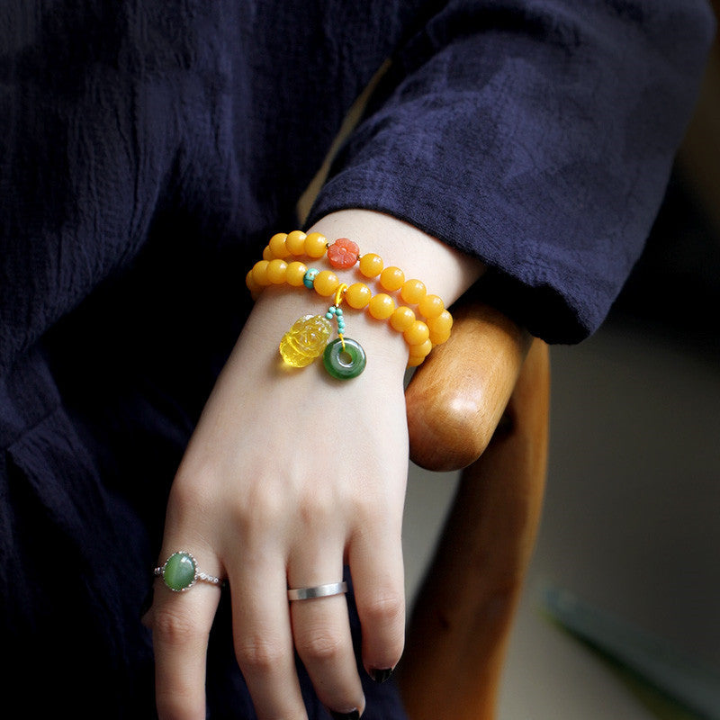 Double Wrap Natural Honey-Yellow Amber Prayer Beads Bracelet with Nanhong Agate - Handknotted Buddhist Mala Style Unisex Spiritual Jewelry