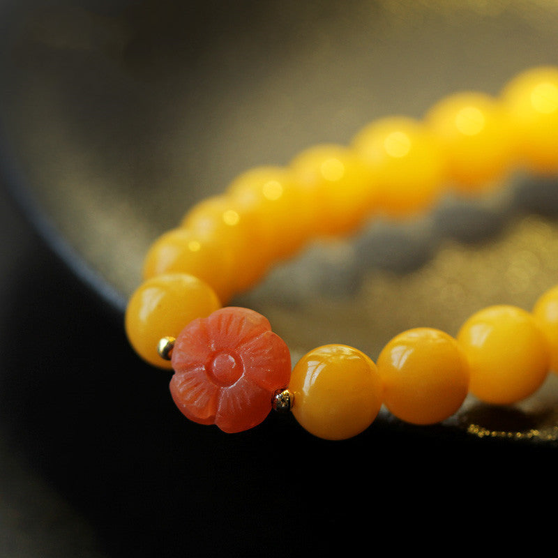Double Wrap Natural Honey-Yellow Amber Prayer Beads Bracelet with Nanhong Agate - Handknotted Buddhist Mala Style Unisex Spiritual Jewelry