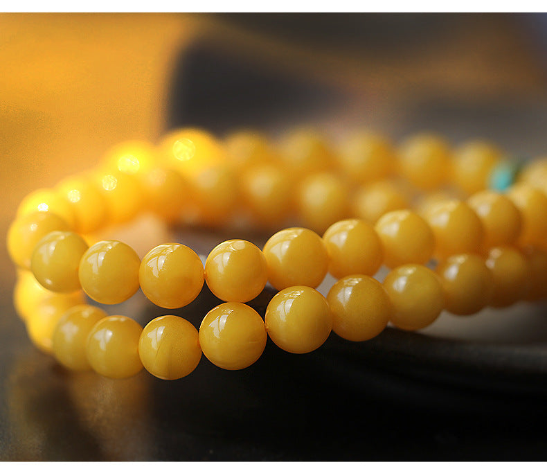 Double Wrap Natural Honey-Yellow Amber Prayer Beads Bracelet with Nanhong Agate - Handknotted Buddhist Mala Style Unisex Spiritual Jewelry
