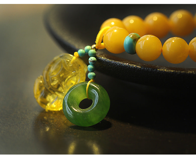 Double Wrap Natural Honey-Yellow Amber Prayer Beads Bracelet with Nanhong Agate - Handknotted Buddhist Mala Style Unisex Spiritual Jewelry