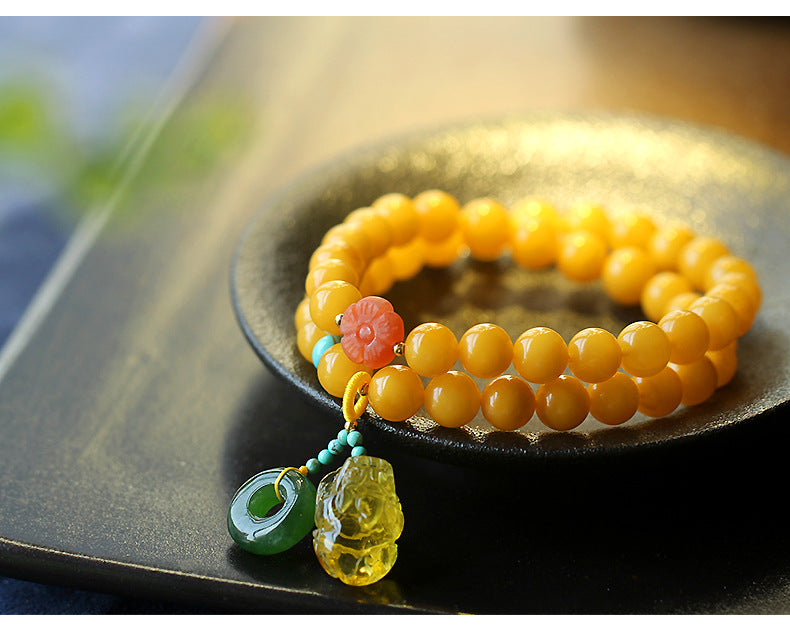 Double Wrap Natural Honey-Yellow Amber Prayer Beads Bracelet with Nanhong Agate - Handknotted Buddhist Mala Style Unisex Spiritual Jewelry