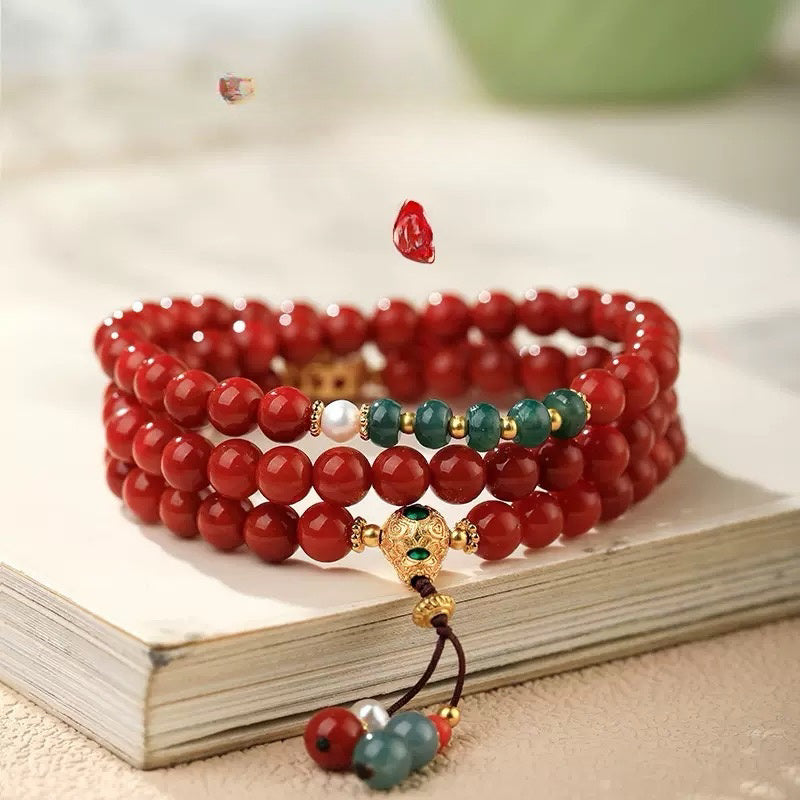 3-Layer Unisex Nanhong Agate Bracelet with Blue Jadeite & Pearl Beads - New Chinese Style Adjustable Luck Attracting Handchain
