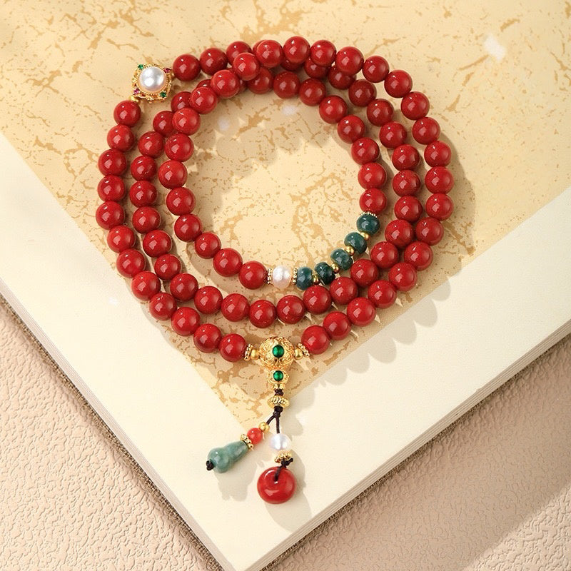 3-Layer Unisex Nanhong Agate Bracelet with Blue Jadeite & Pearl Beads - New Chinese Style Adjustable Luck Attracting Handchain