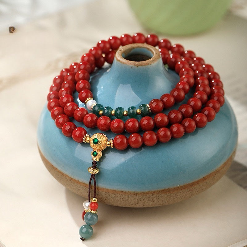 3-Layer Unisex Nanhong Agate Bracelet with Blue Jadeite & Pearl Beads - New Chinese Style Adjustable Luck Attracting Handchain